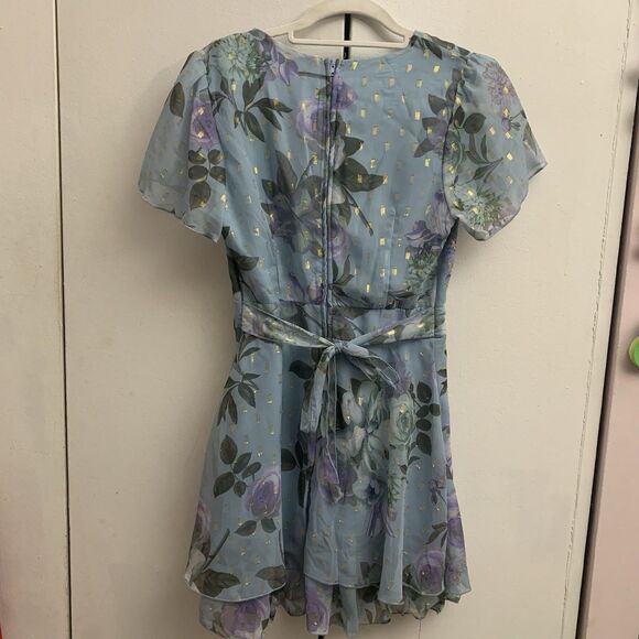 Honey And Rosie Dress Women 3 Blue Purple Floral Faux Wrap Ruffle Boho Mini - Picture 4 of 8